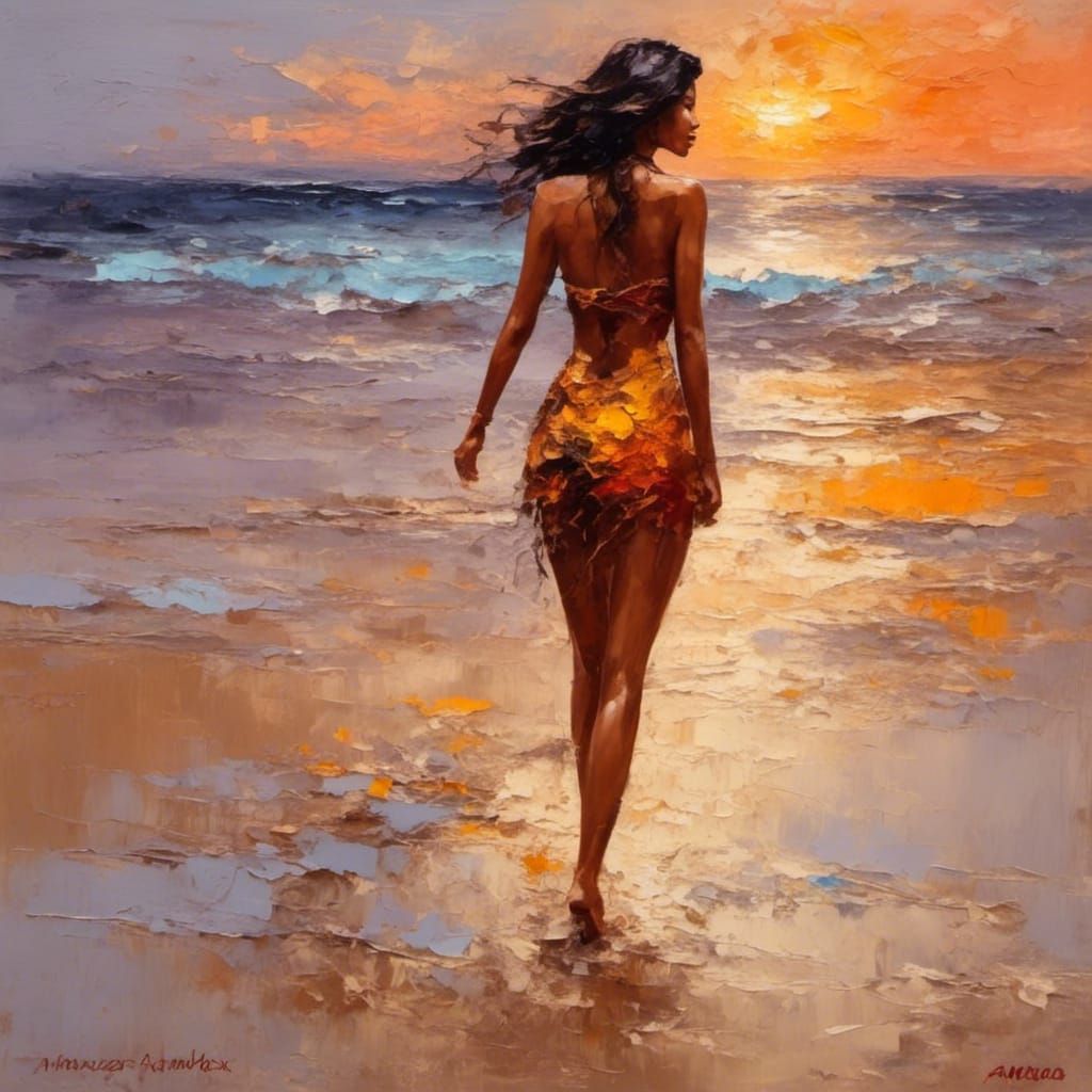 Sunset Beach: Impasto Painting of Woman in Bikini