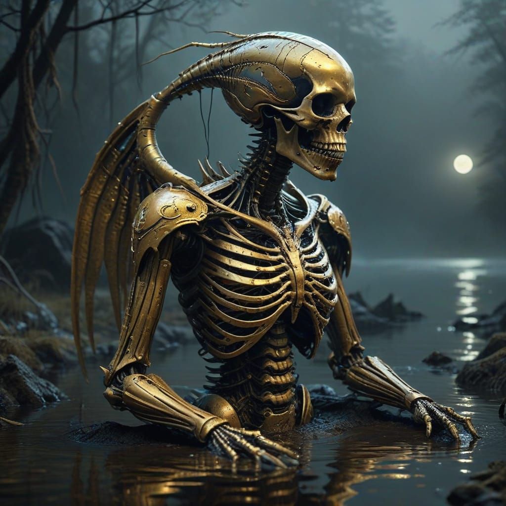 Golden Leviathan Rises from Liquid Gold Lake in Mystical Sce...