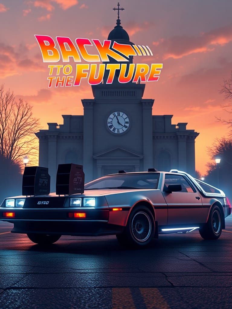 DeLorean Car at Town Hall in 80s Sci-Fi Style