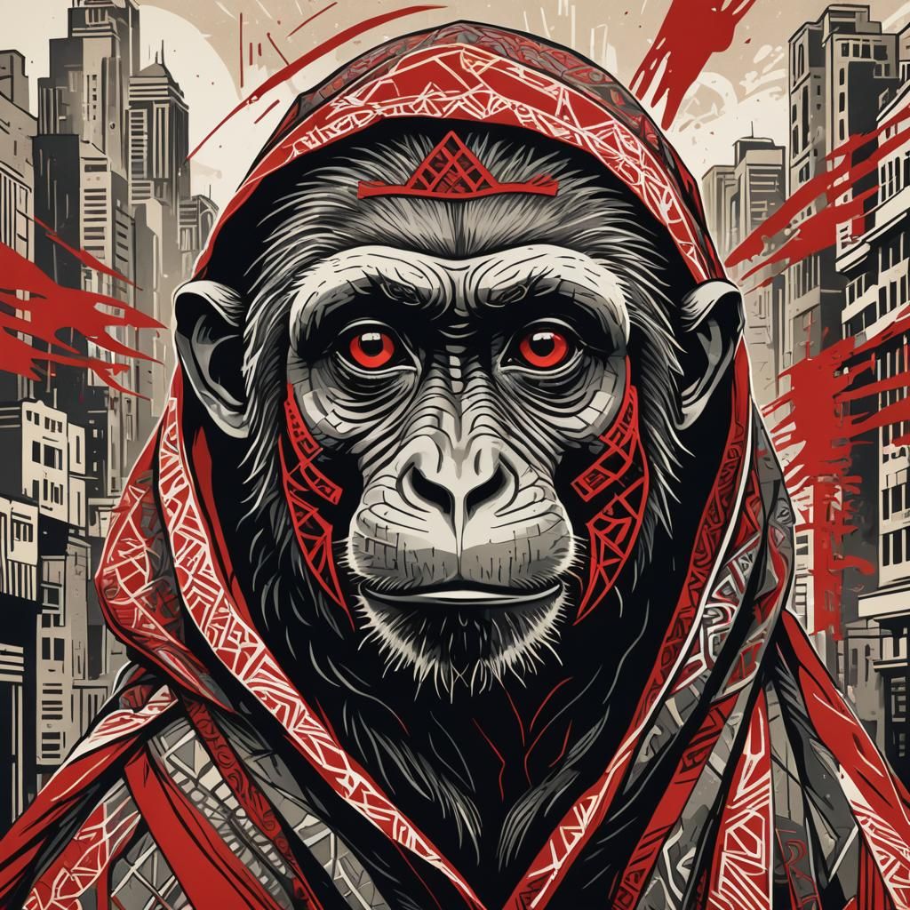 Striking Linocut Propaganda Poster of Veiled Monkey