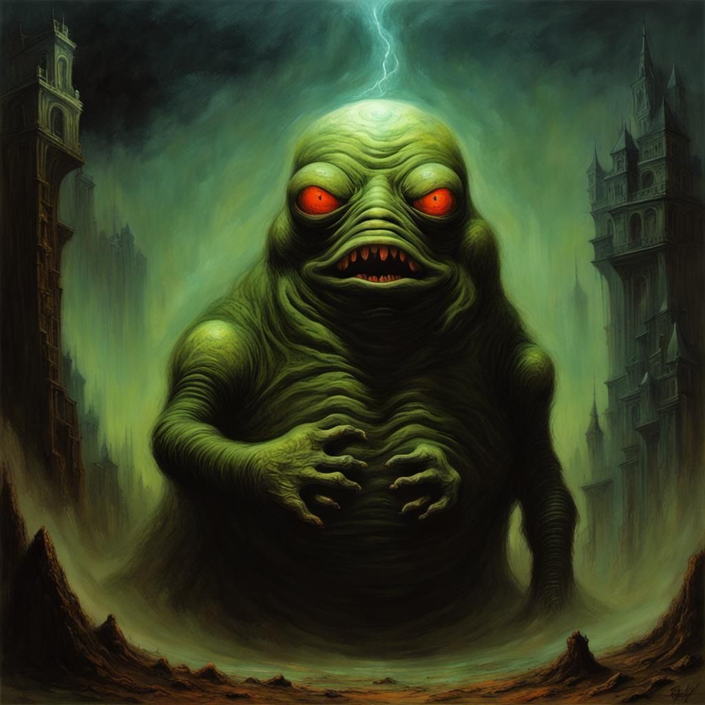 Slimer in Beksinski-Inspired Dystopian Surrealism
