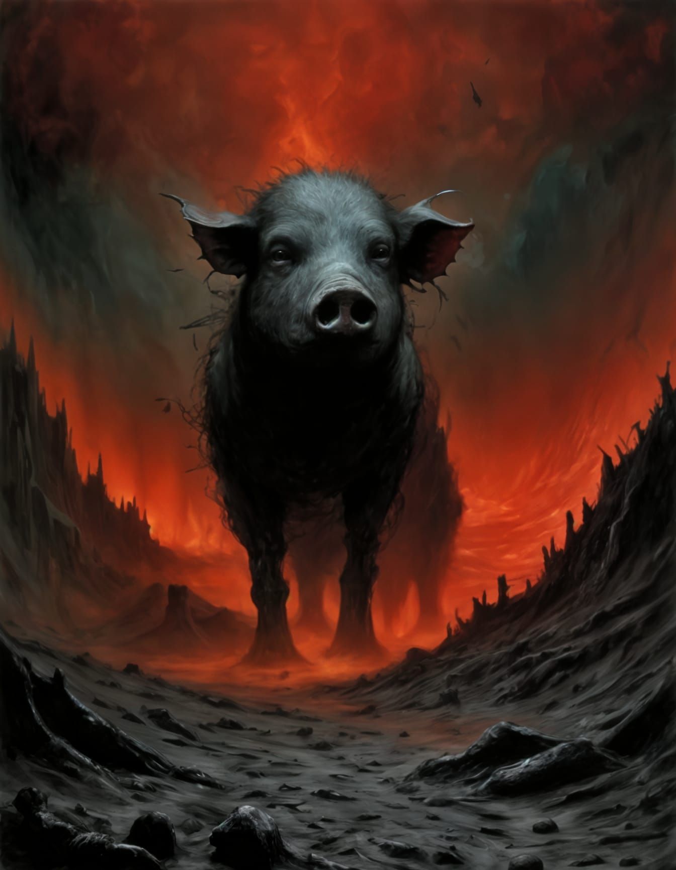 Grotesque Demon in Apocalyptic Wasteland, Beksiński Style