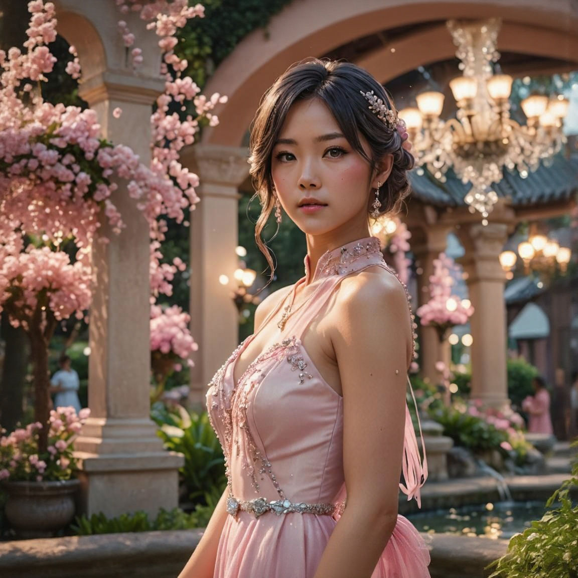 Elegant Asian Woman in Pink Dress: Anime Style