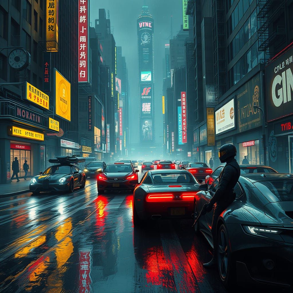 Cyberpunk Cityscape at Night with Neon Lights and Futuristic...