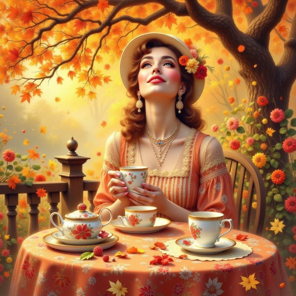 Retro Beauty Sipping Coffee in Autumn Scene