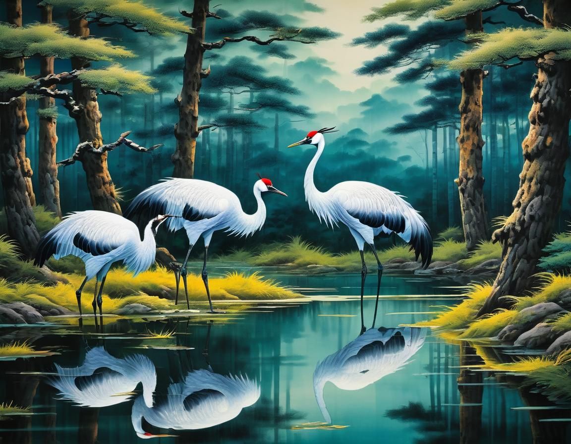 Majestic Cranes in Sunlit Forest: Chinese Scroll Painting