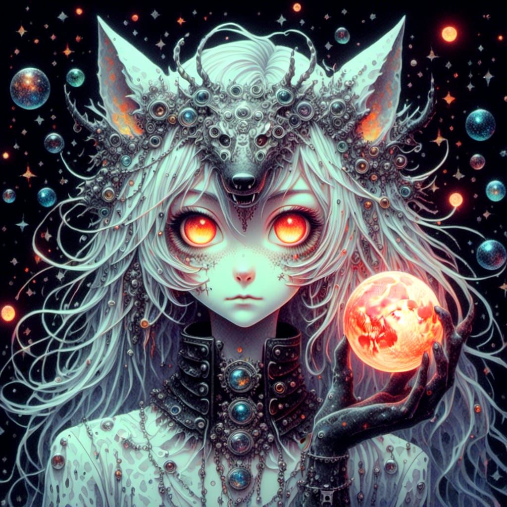 Steampunk Witch-Hyena Creature with Cosmic Antlers