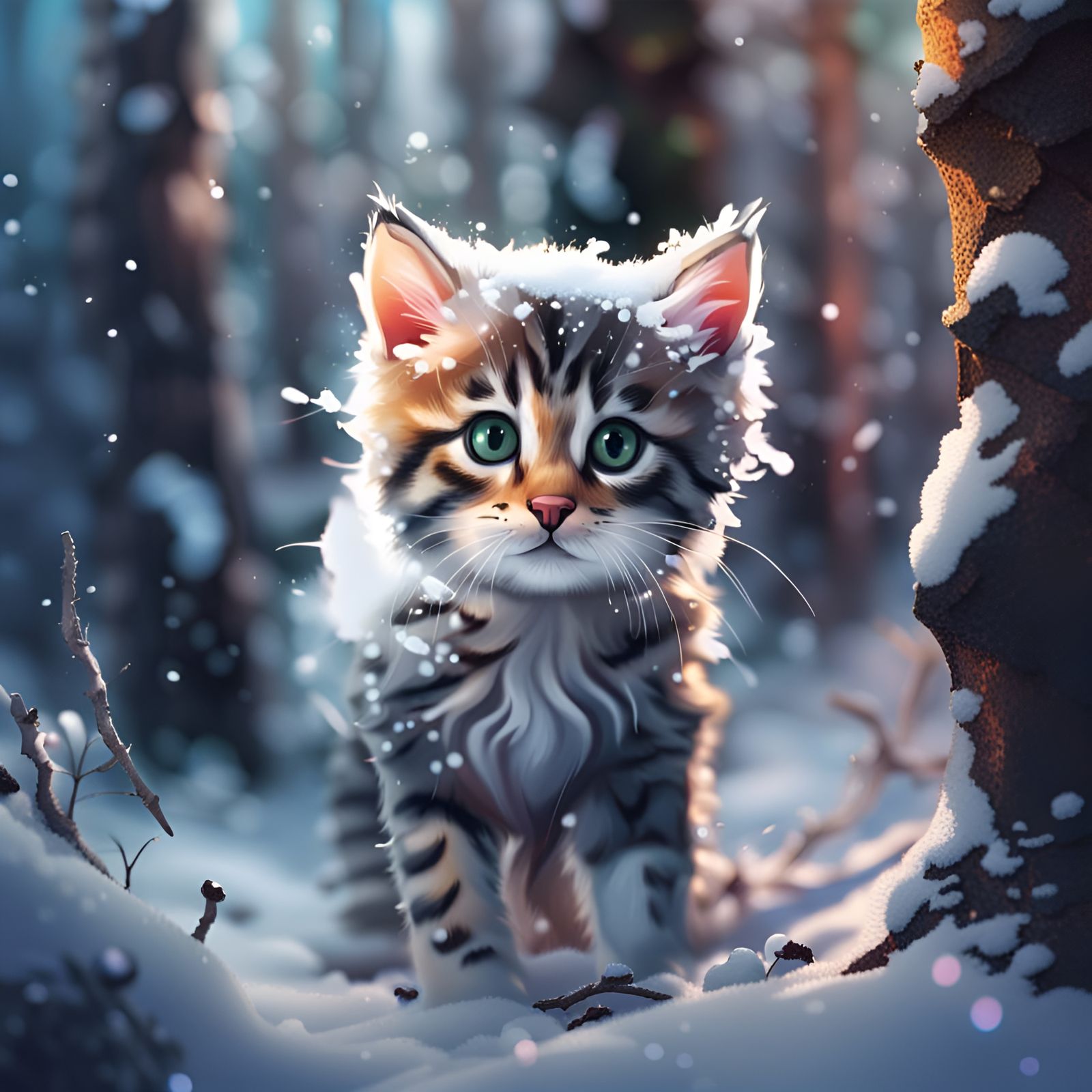 Lost Kitten in Snow-Covered Forest