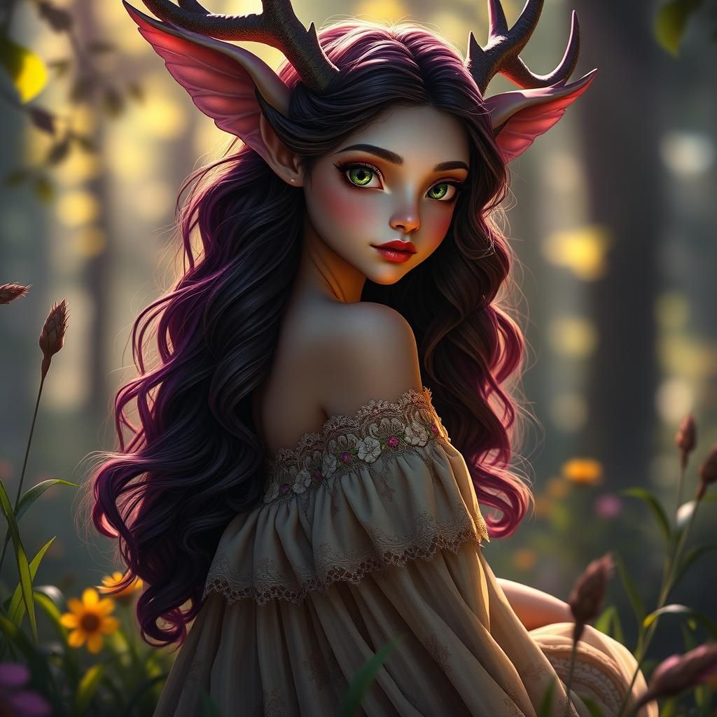 Demure Faun in Forest, Rutkowski and Mucha Style