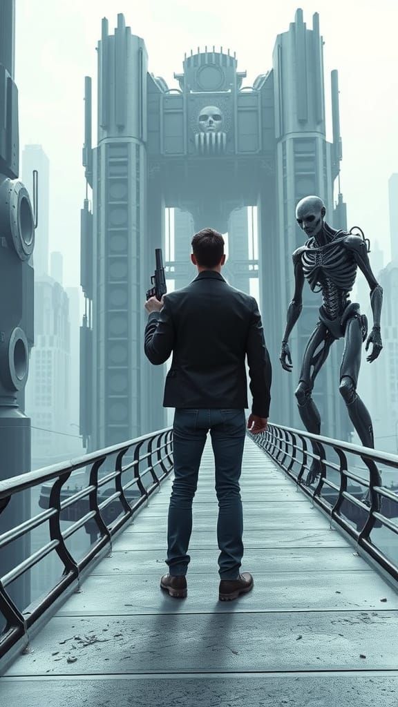Dystopian Future Battle: Man vs Cyborgs on Futuristic Bridge