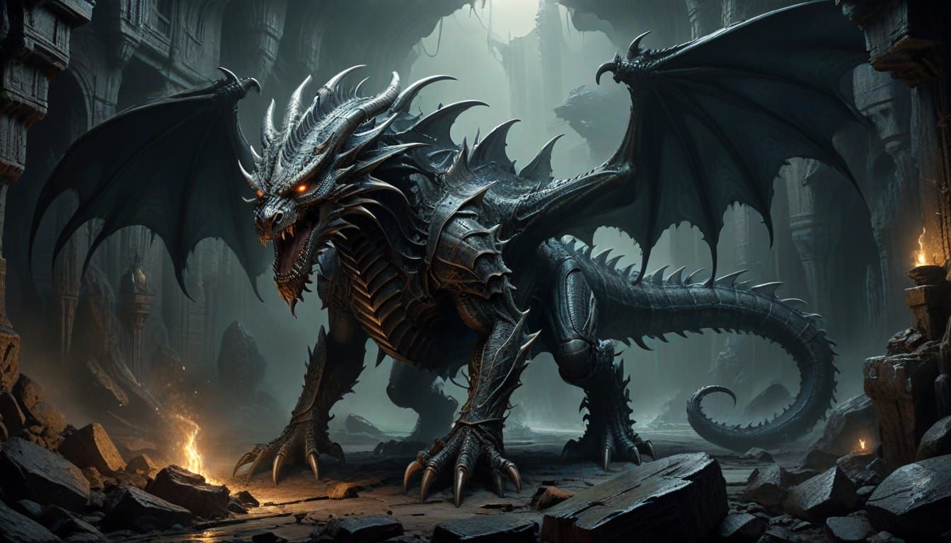 Cyberpunk Hydra Dragon Ascends from Misty Cavern