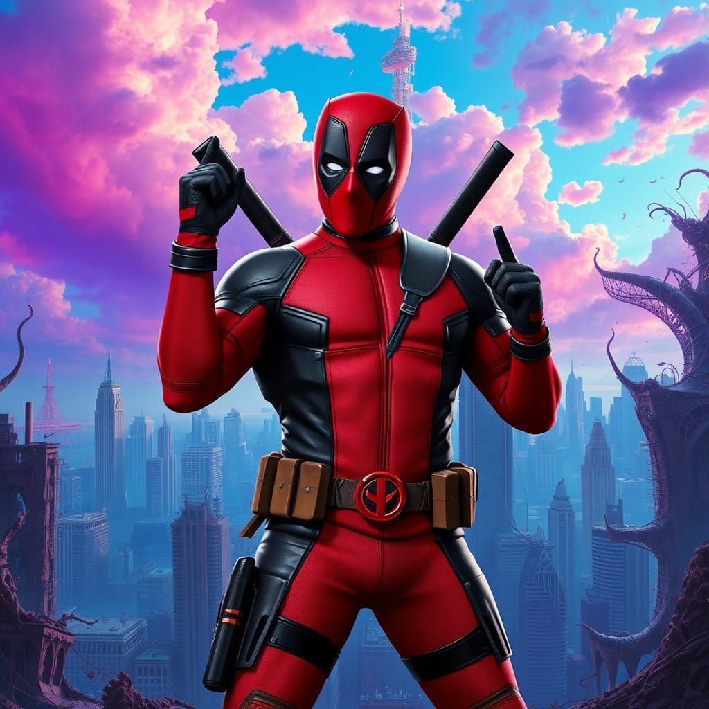 Deadpool in Surreal Cityscape: Trending Concept Art