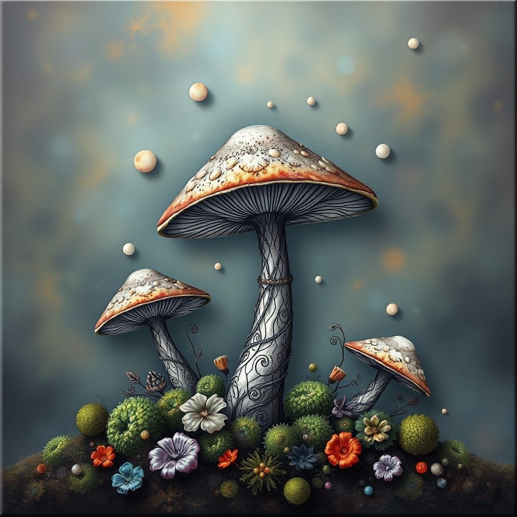 Surrealistic Mushroom Blooms in Whimsical Woodland