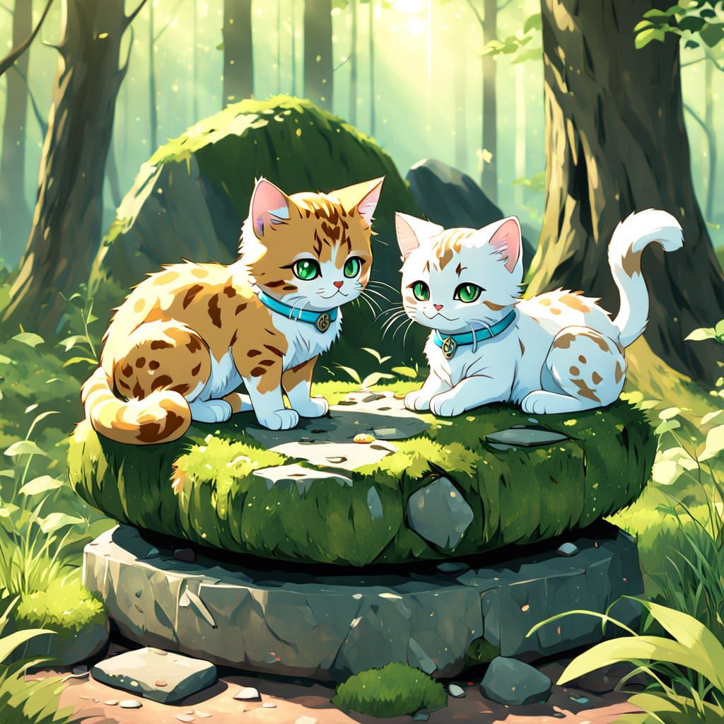 Cute Anime Kitties Play in a Serene Forest