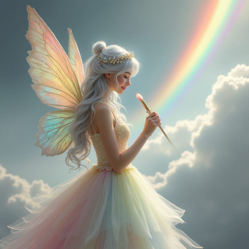 Fairy Paints Rainbow Across Dreamy Grey-Scale Sky in Whimsic...