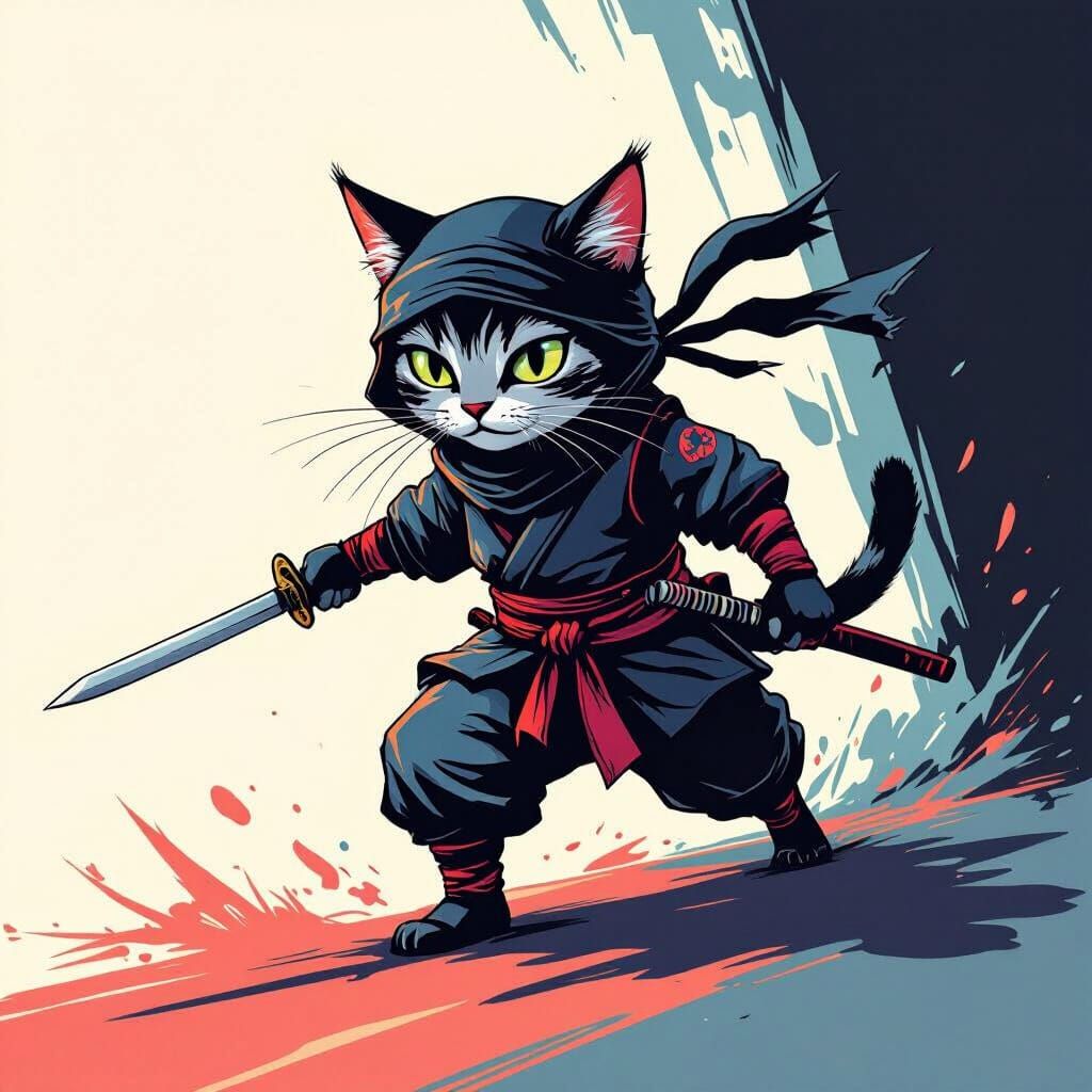 Ninja Cat Stealthily Navigating Shadows: Stylized Illustrati...