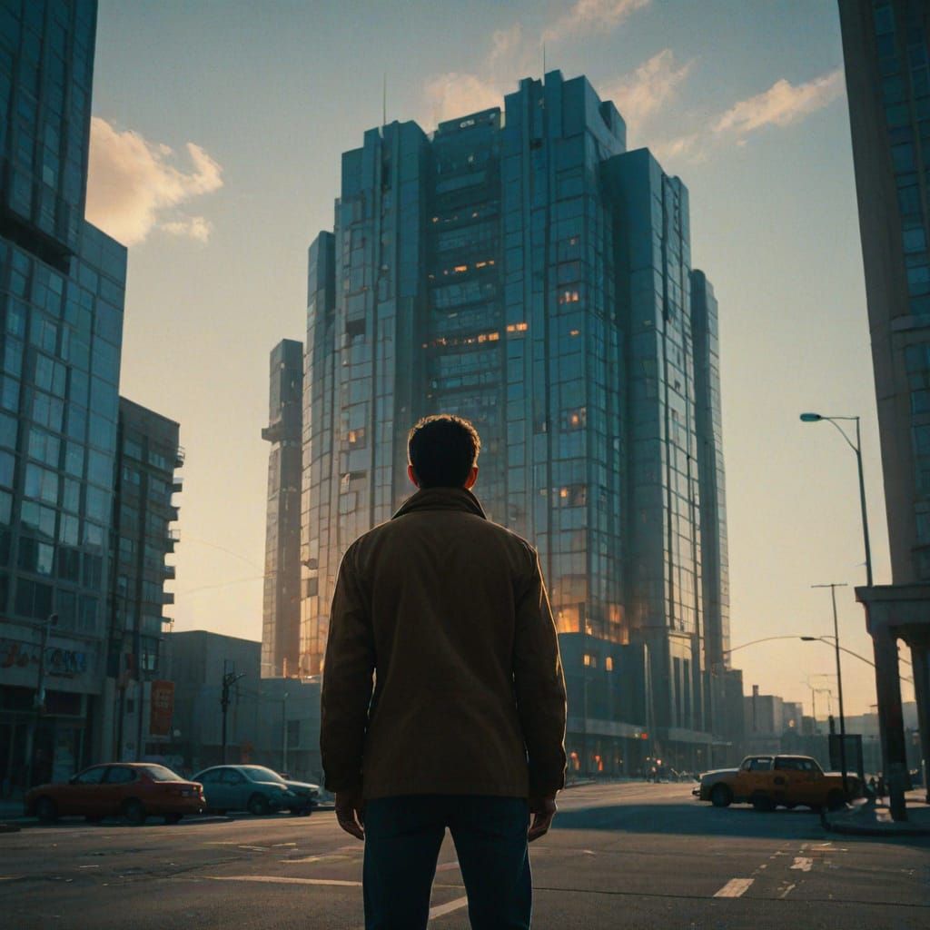 Epic Futuristic Cityscape with a Man Standing in Front, Cine...