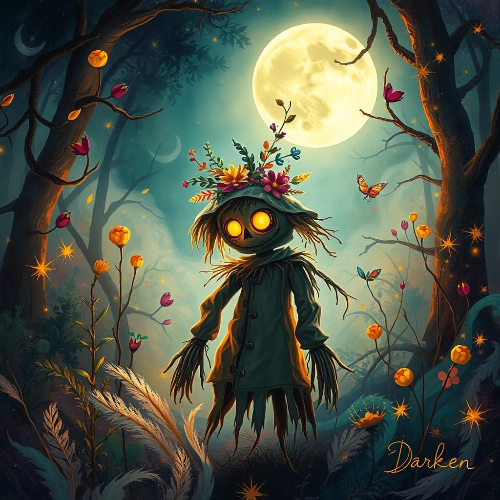 Enchanted Forest Scarecrow with Glowing Eyes
