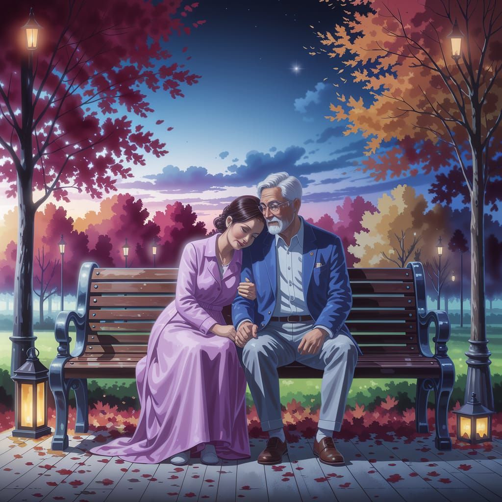 Elderly Couple in Autumn Park, Watercolor Painting