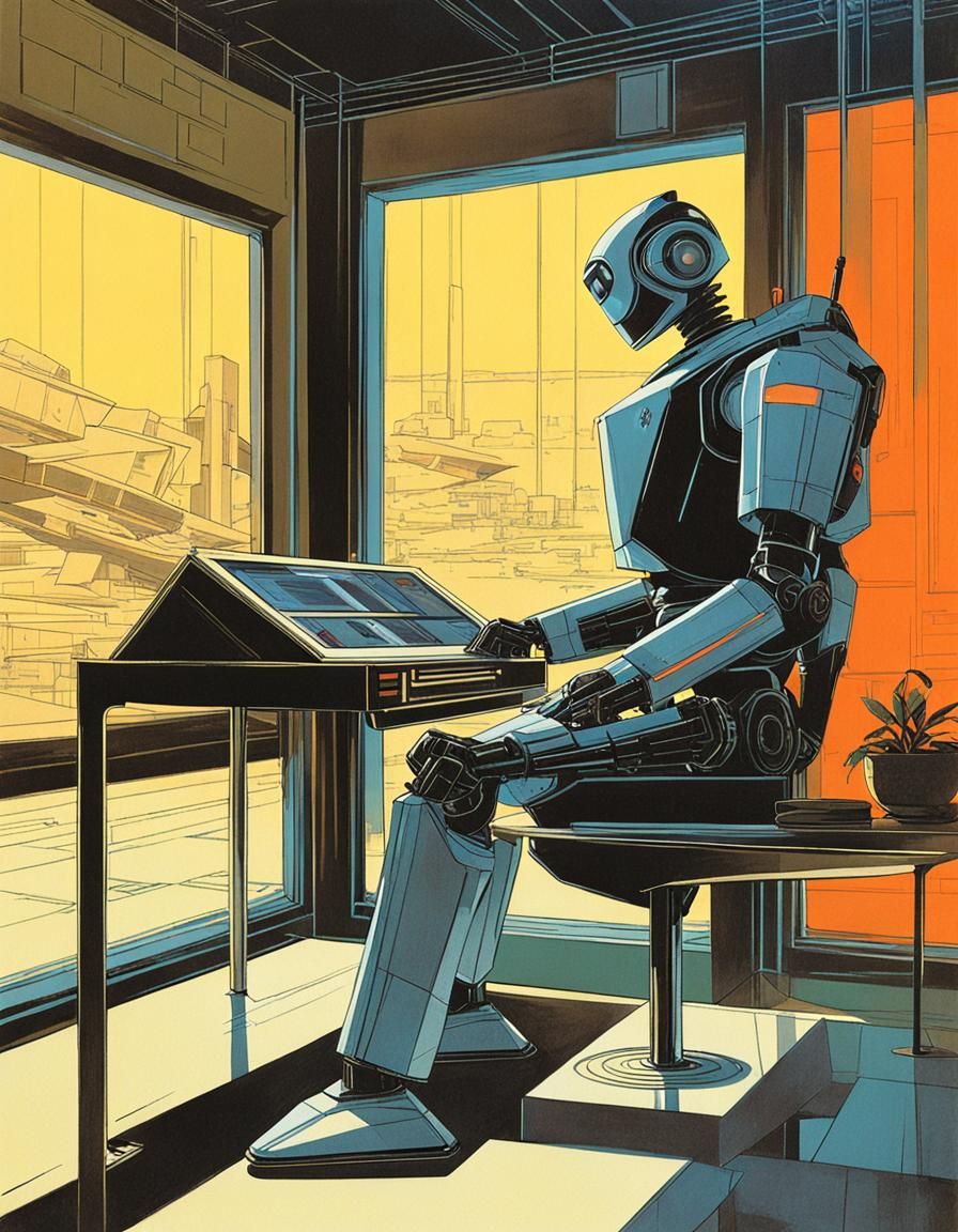 Robot in Cyberpunk House Illustration