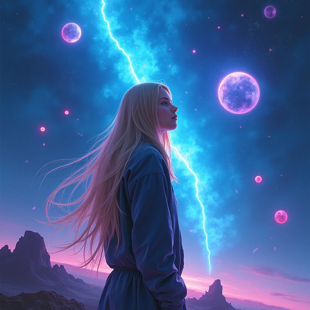 Girl in Futuristic Space with Nebulae