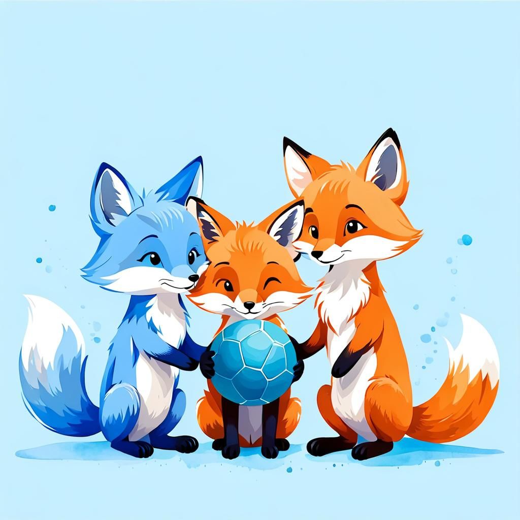 Cute Foxes with Ball in Ink Wash Painting