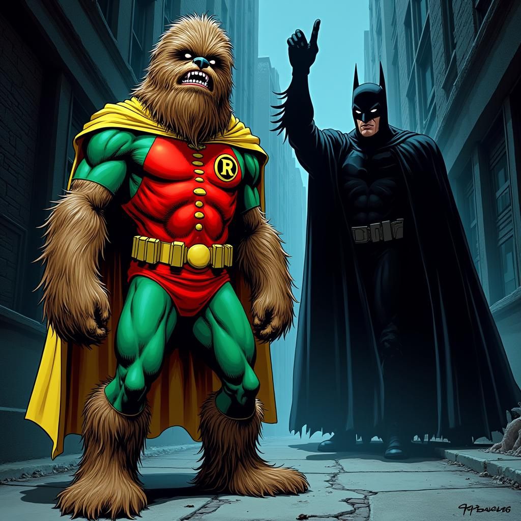 Wookiee as Robin Slapped by Batman in Comic Style