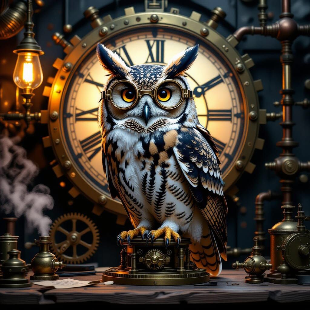 Steampunk Owl Perched on Clockwork Device