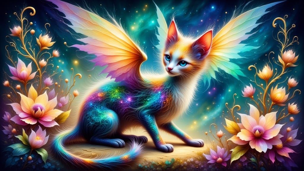 Whimsical Fantasy Catlike Creature in a Celestial Landscape