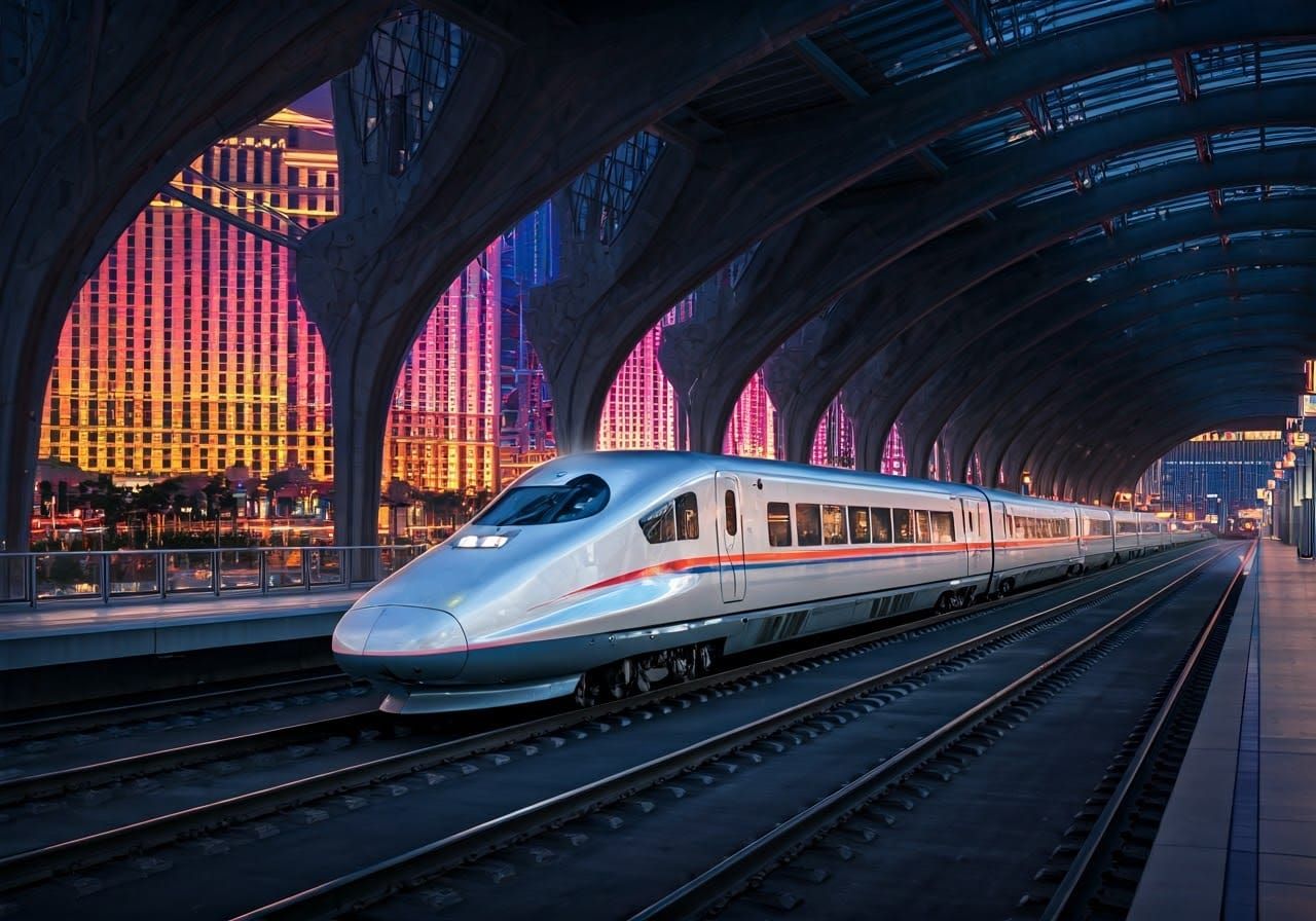 Sleek Bullet Train Pulls into Futuristic Las Vegas Station i...