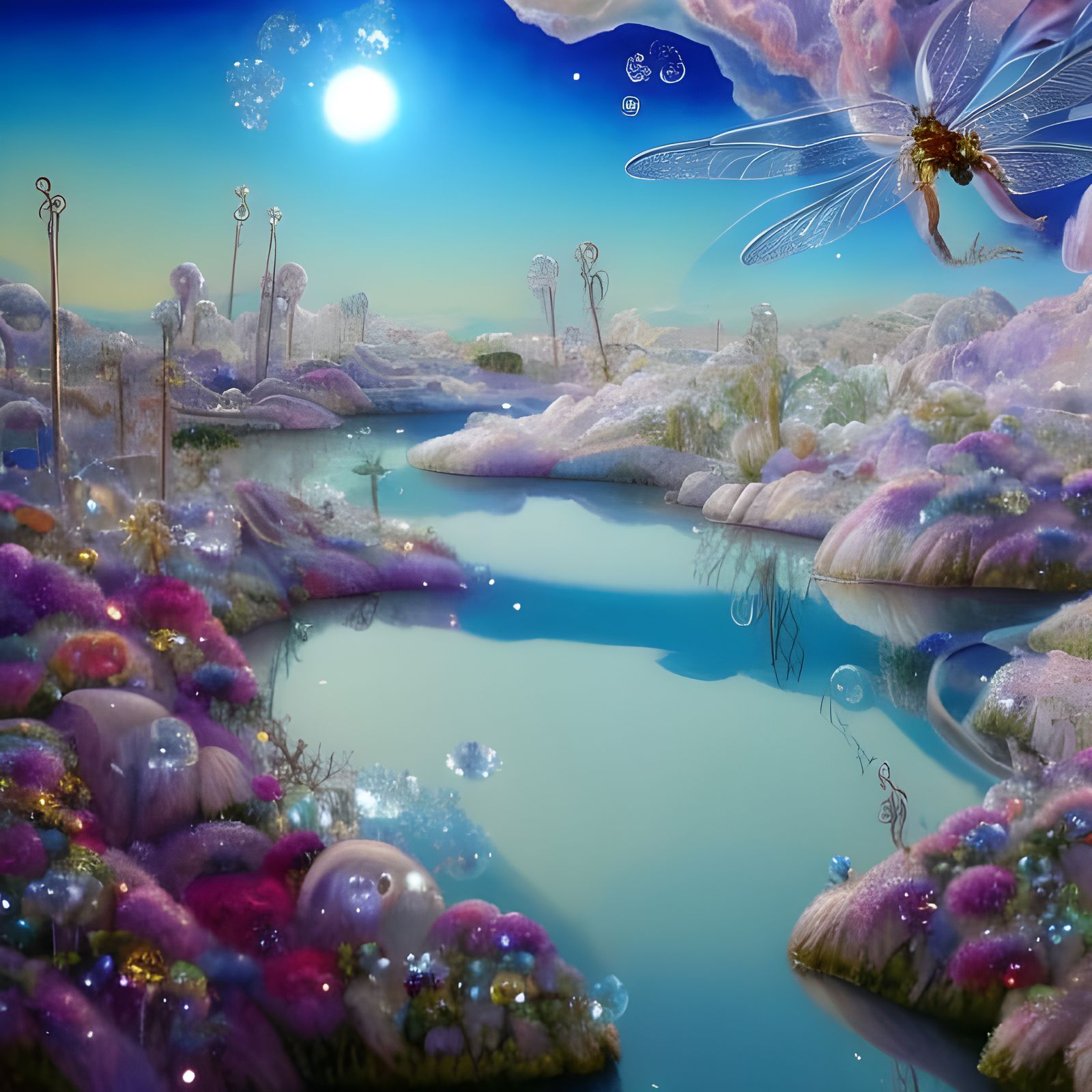 Giant Dragonflies Over Oasis in Dystopian Desert