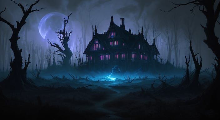 Ethereal Dark Fantasy Landscape with Twisted Forest and Vict...