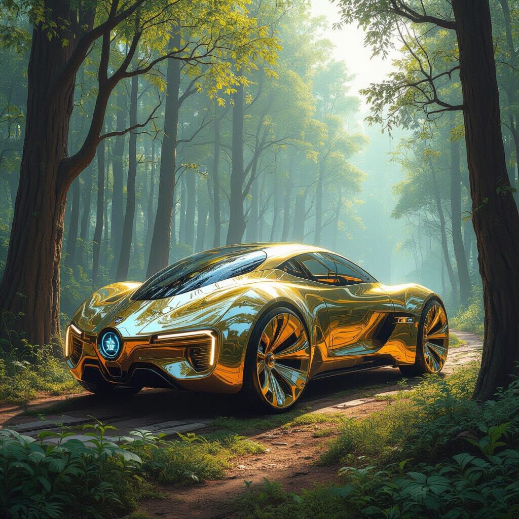 Golden Lion in Enchanted Sci-Fi Forest