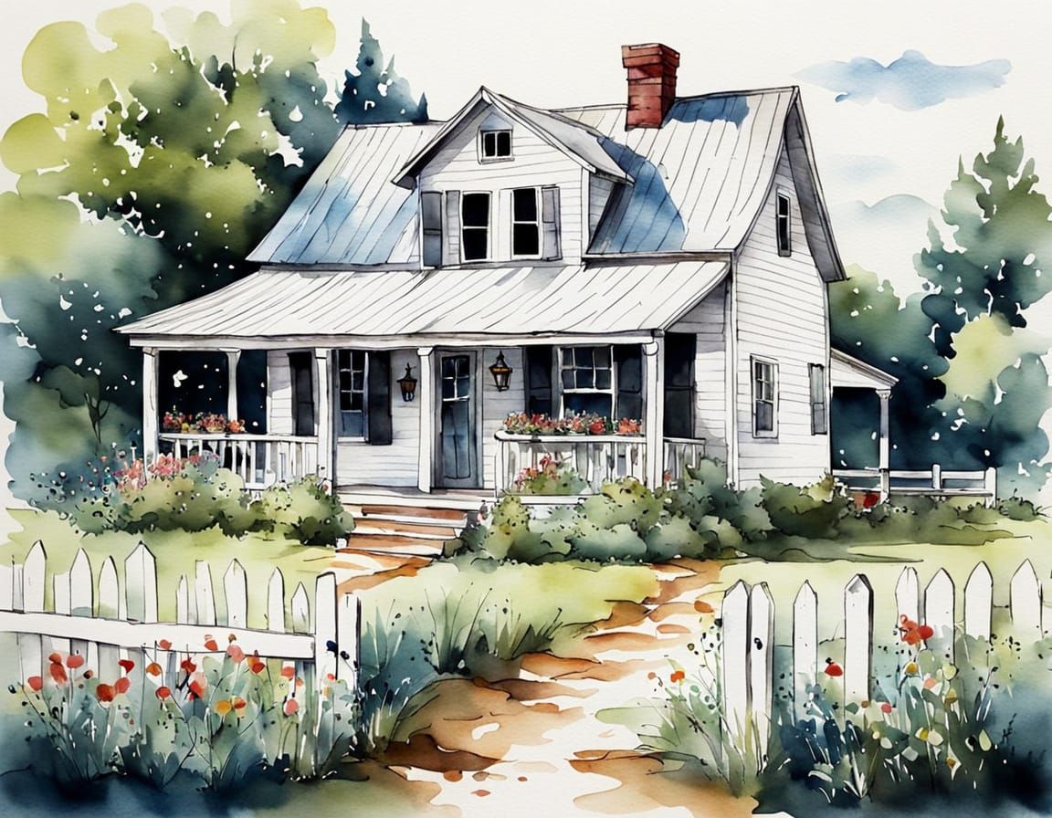 Rustic Farmhouse Scene in Watercolor