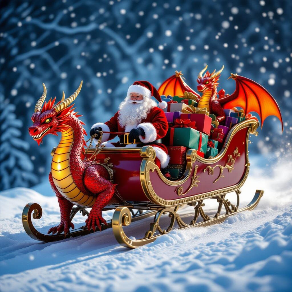 Dragons Pulling Santa's Sleigh: Christmas Scene