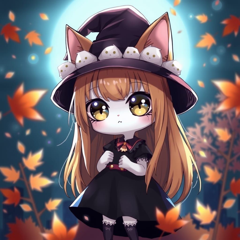Chibi Catgirl Witch in Autumn Night