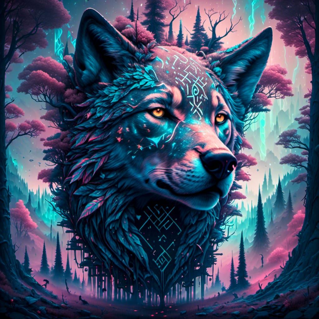 Astral Wolf Double Exposure in Holographic Illustration