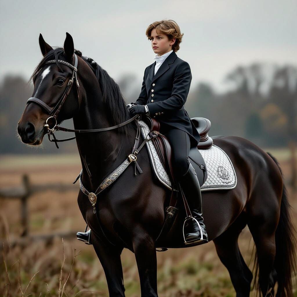 Boy on Horseback with Sword in Cinematic Style