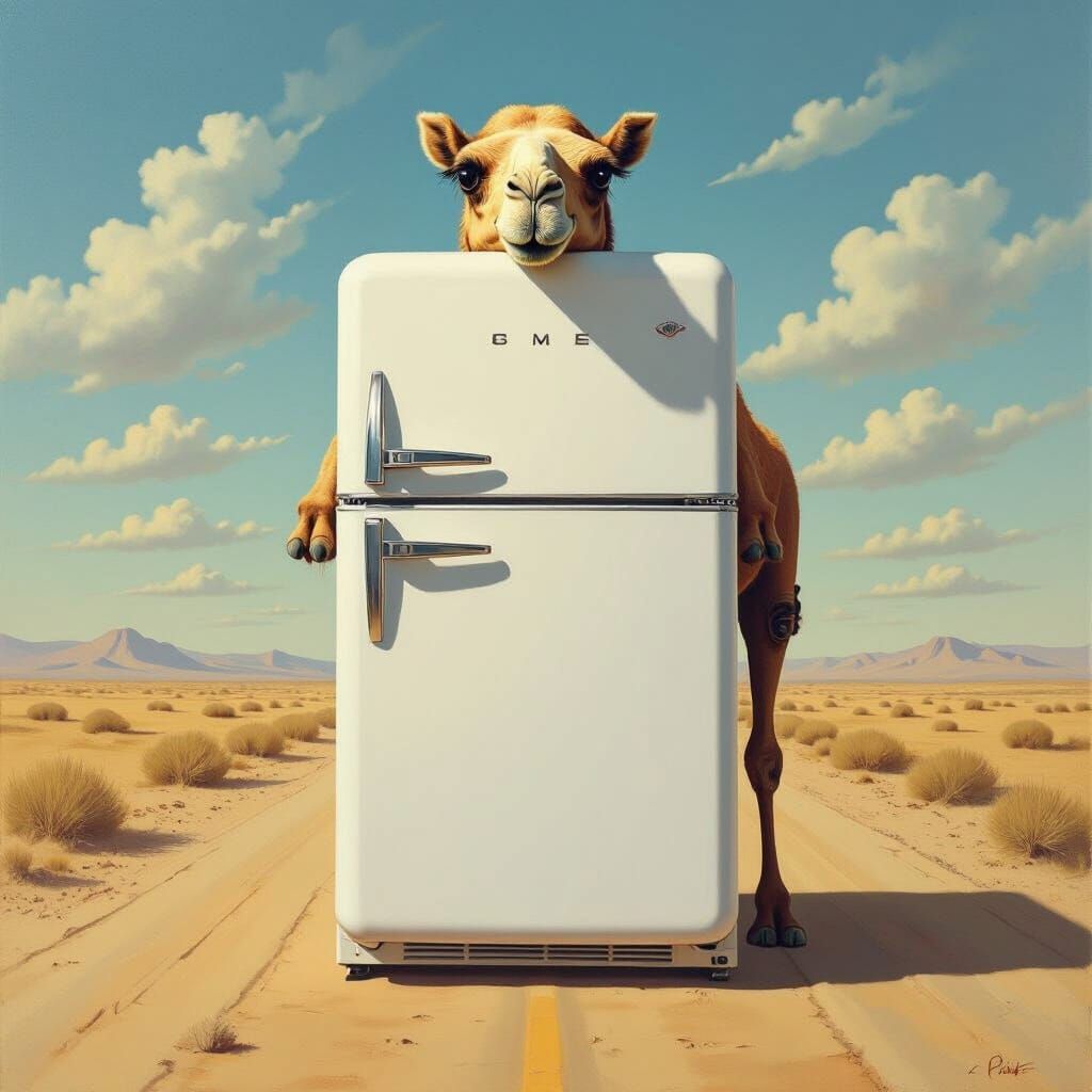 Surreal Camel Fridge Walks Down Dusty Road Oil Painting