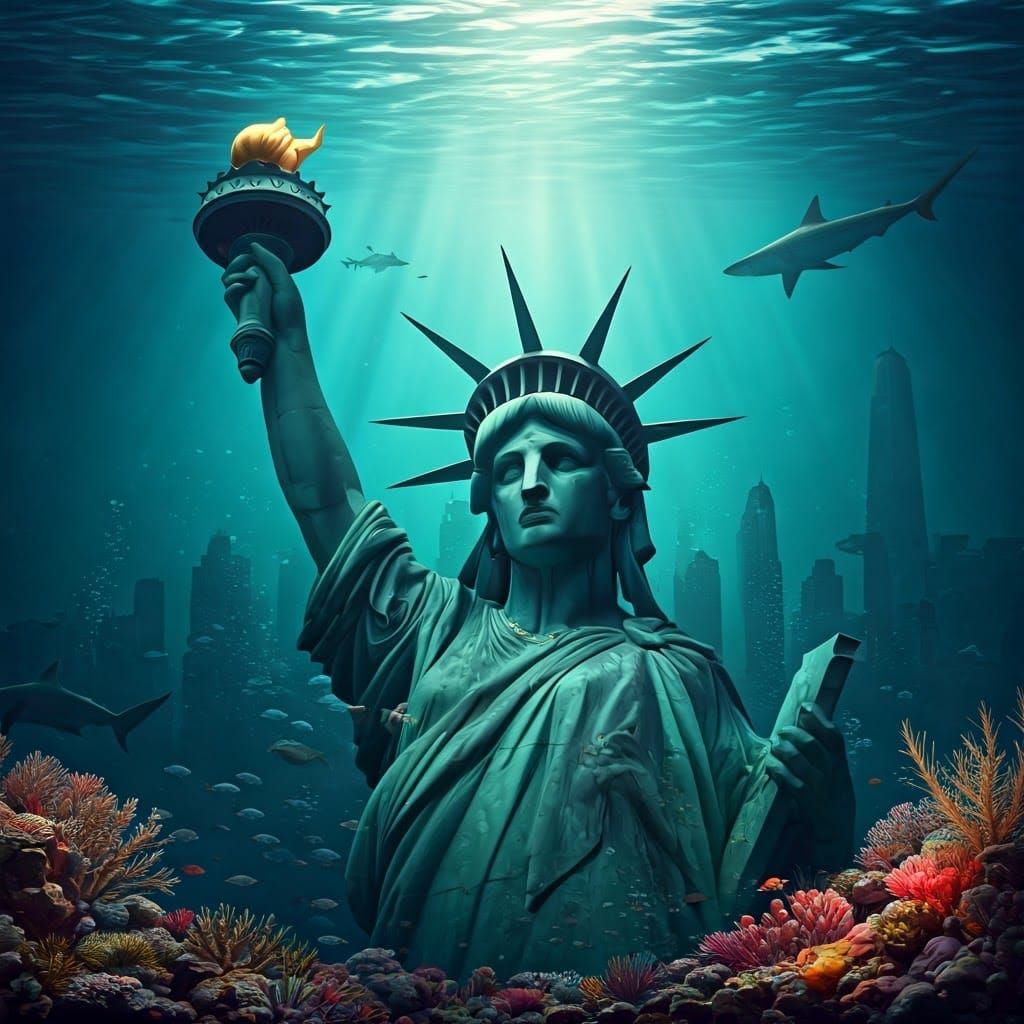 Underwater Statue of Liberty in Surrealist Style