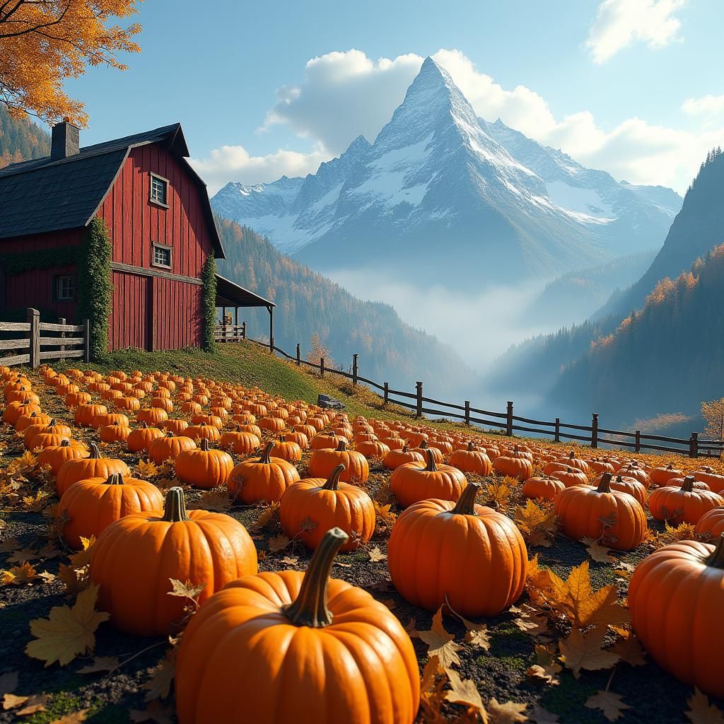 Autumn Pumpkin Patch with Snow-Capped Mountains