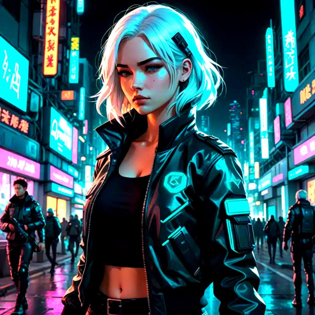 Anime-Style Woman in Futuristic City with Gun