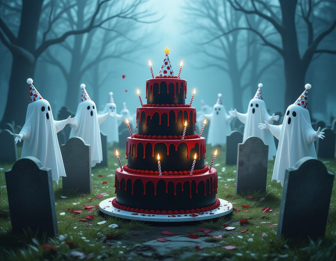 Ghosts Celebrate Birthday in Dark Cemetery with Dripping Cak...