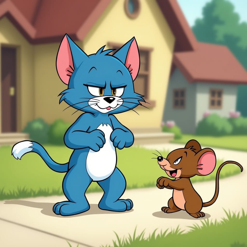 Cartoon Cat Chases Mouse in Front of House