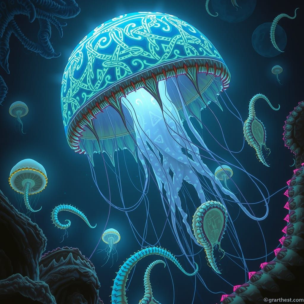 Bioluminescent Jellyfish Drifting in Alien Ocean