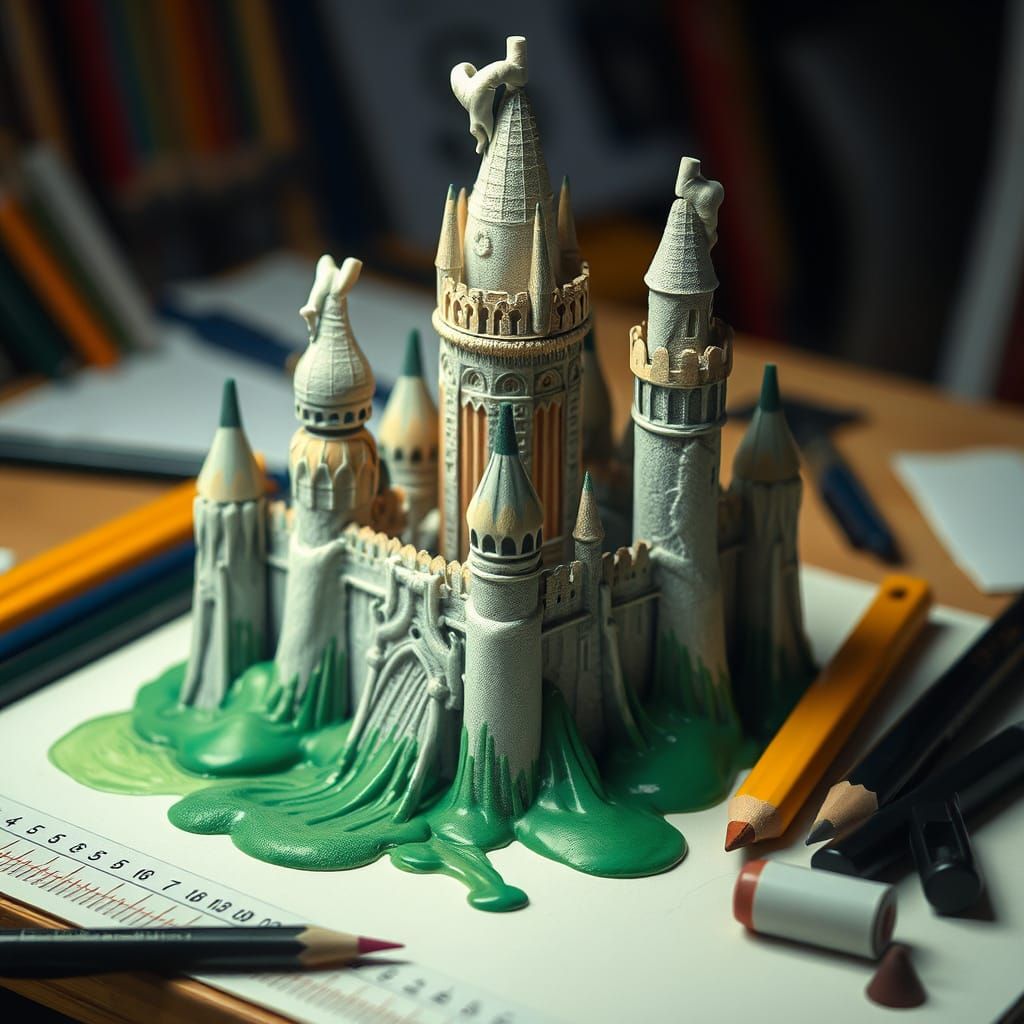 Castle of Melting Pencils on Drafting Table