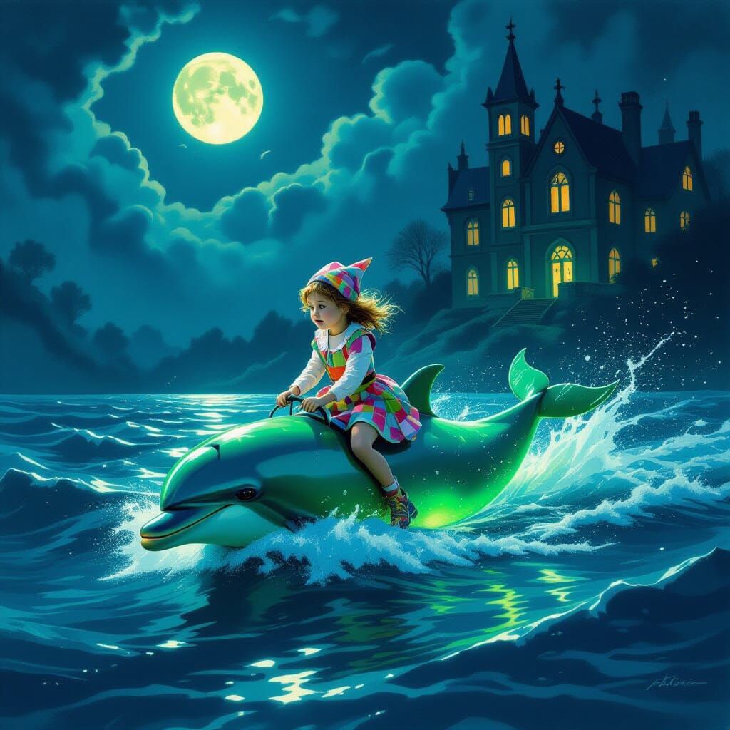 Child Escapes Gothic School on Luminous Green Dolphin