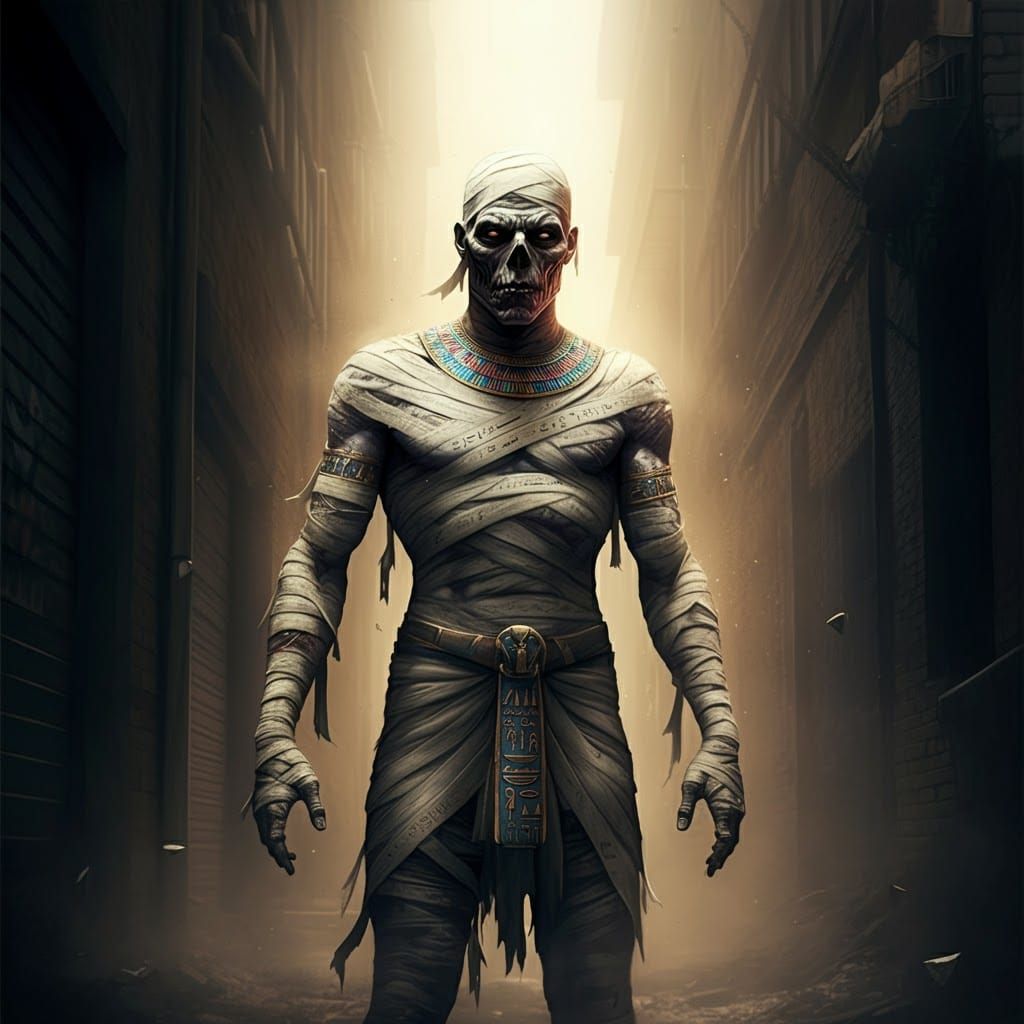 Ethereal Mummy in Dimly Lit Alleyway