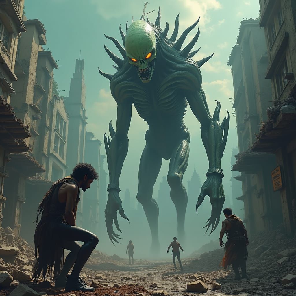Ominous Aliens Dominate Ruined Cityscape in Dark Fantasy Sty...