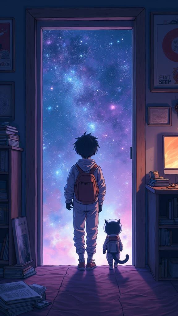 Teenager and Cat Step into Vibrant Starry Night Scene